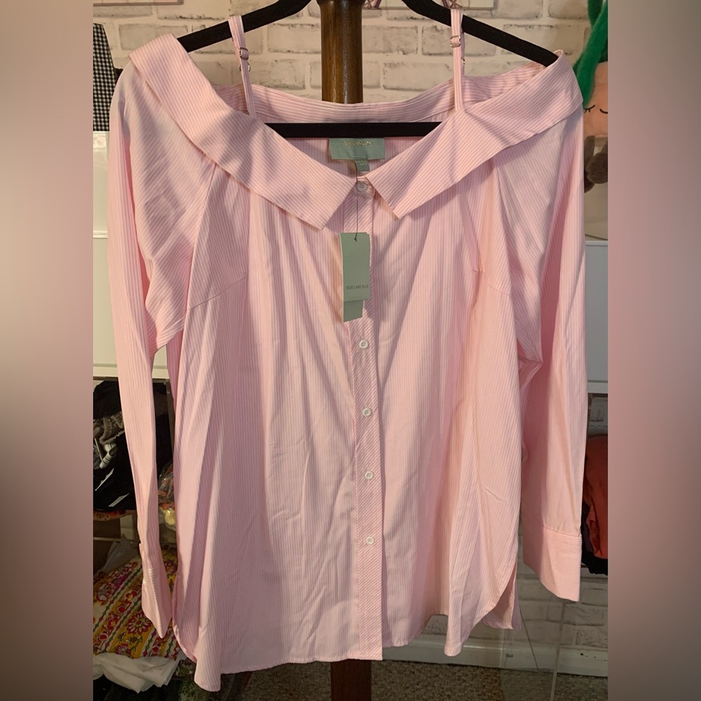 Skies Are Blue Pink Striped Button-Down Off-Shoulder Shirt NWT